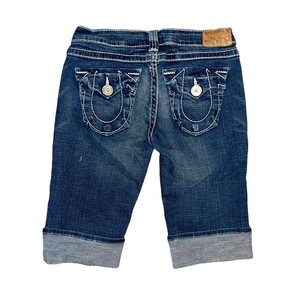 True Religion Distressed Dark Wash Flap Pockets Cuffed Bermuda Shorts Womens 27 - Picture 4 of 7